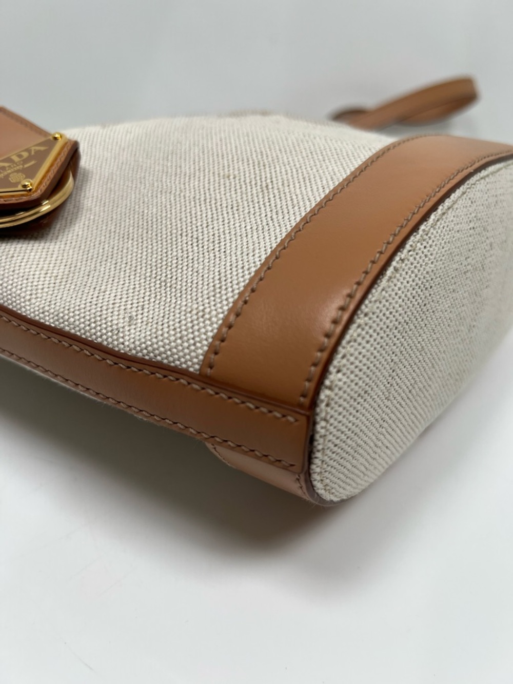 Prada Medium Canvas Leather Logo Tote Bag Natural Tan Crossbody Shoulder Italy - Picture 11 of 13